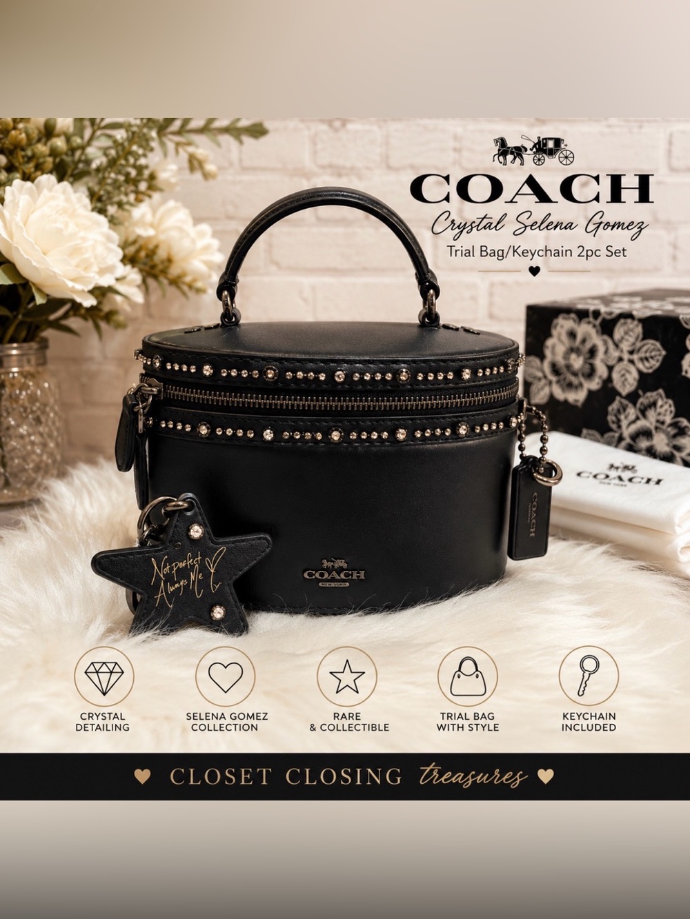 Coach Crystal Selena Gomez Trial Bag/Keychain “NOT PERFECT ALWAYS ME” 2pc Set